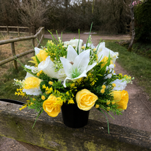 Artificial Memorial Grave Flower Arrangement in Black Pot | Yellow Roses & White Lily Cemetery Tribute