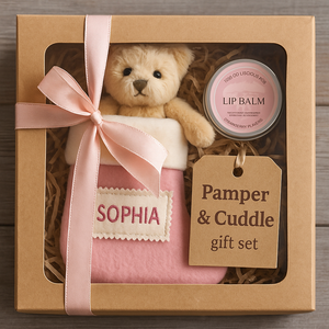 Personalised Teddy Stocking with Lip Balm – Pamper & Cuddle Gift Set