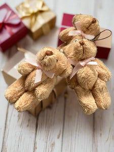 personalised petite plush jointed teddy bear with pink ribbon bow - key ring gift