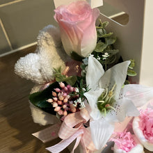 New baby girl flower arrangement plus booties & teddy