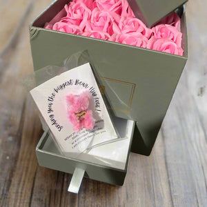 pink soap roses in hat box with tiny teddy