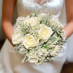 ivory rose wedding bouquet with soft grey foliage