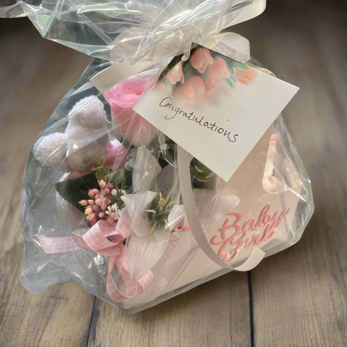 New baby girl flower arrangement plus booties & flannel teddy