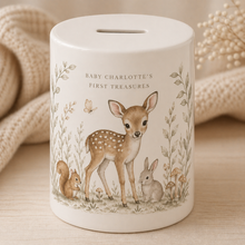 Personalised Baby Money Box, Woodland Animal Piggy Bank, Baby Name Keepsake, Neutral Nursery Decor, New Baby Gift,