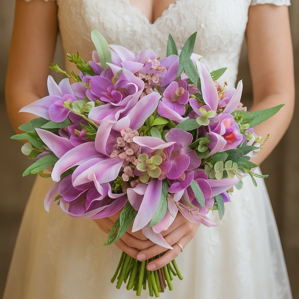 artificial lilies and orchids in wedding bouquet