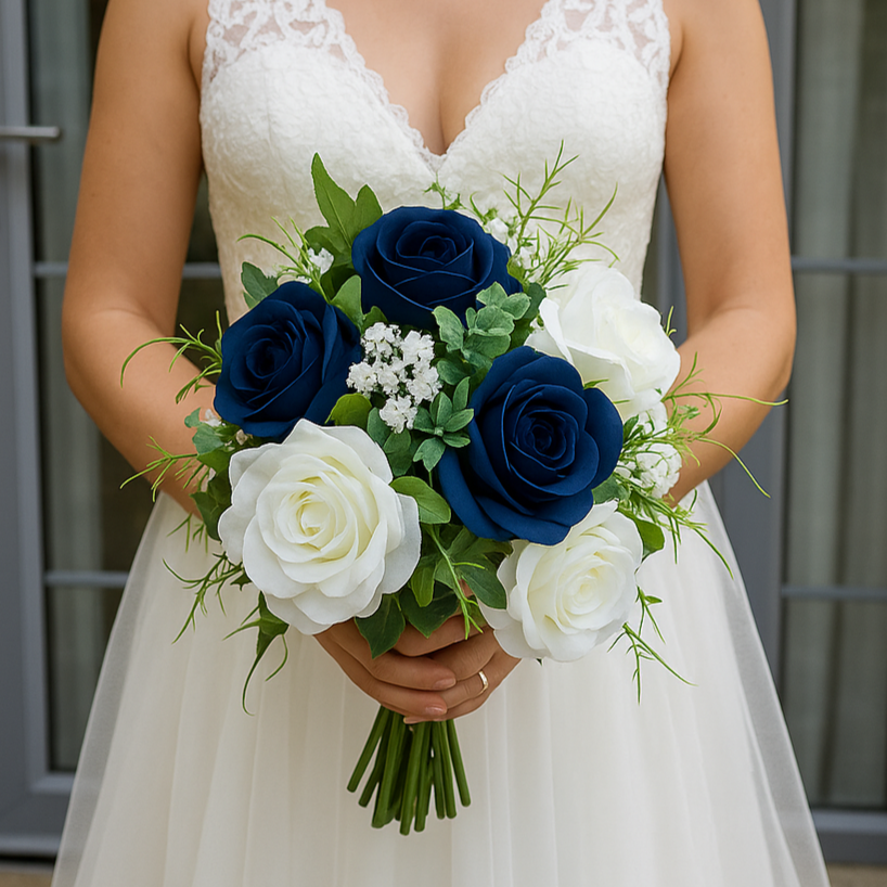 A brides bouquet of deep navy and ivory faux silk artificial flowers