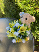 Child graveside memorial teddy with pink or yellow/blue/cream flowers