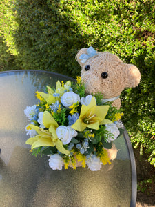 Child graveside memorial teddy with pink or yellow/blue/cream flowers