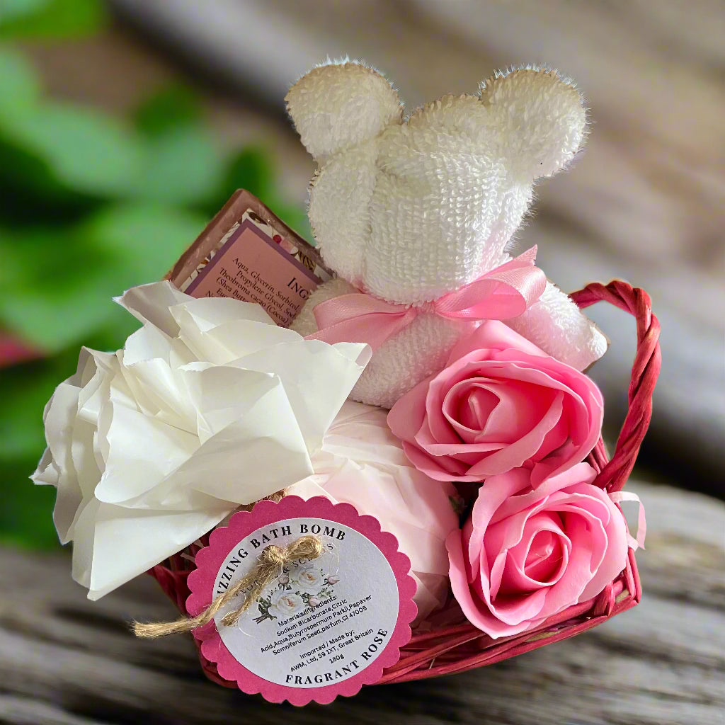 bath bomb, fannel teddy and soap roses in gft basket