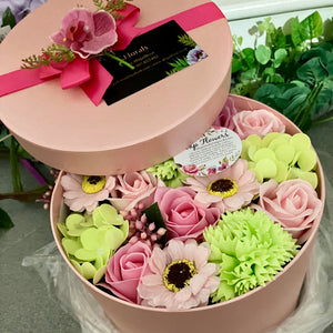 soap flowers in large hat box - pink