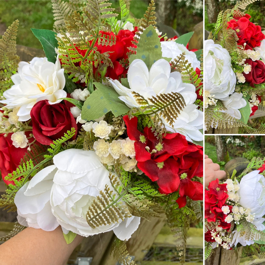 a wedding bouquet featuring silk roses, hydrangea and peonies
