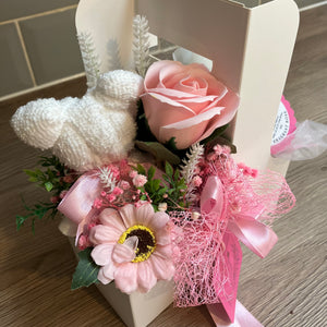 pamper gift, Jumbo bath bomb, towelling teddy and soap flower arrangement