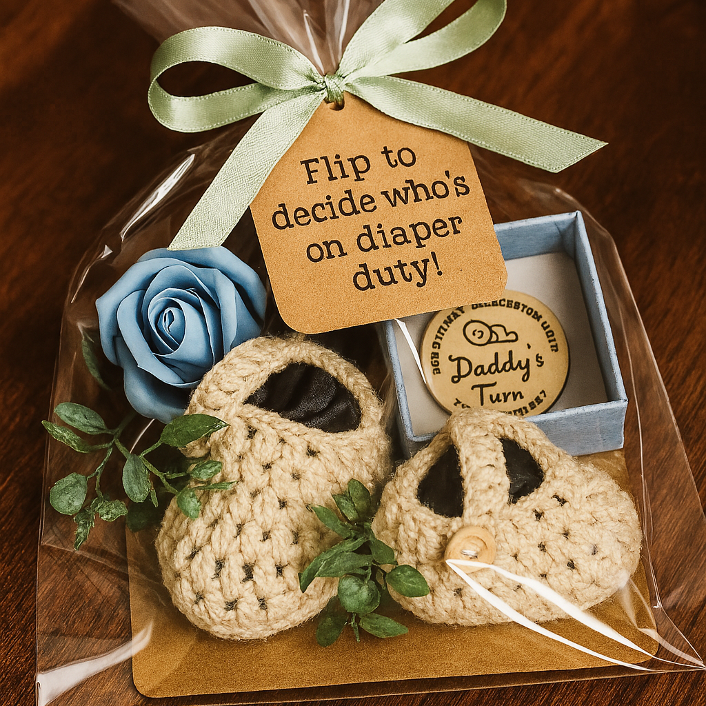Gift set with crocheted booties and a blue rose, tied with a ribbon on a wooden surface.
