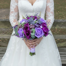 Purple Rose & Calla Lily Wedding Bouquet – Artificial Bridal Bouquet with Eucalyptus, Purple & Lilac Roses – Rustic Bride Bouquet,