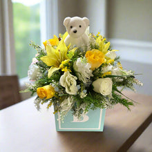 New baby boy yellow and blue flower arrangement in alphabet cube