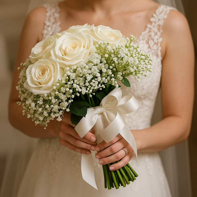 artificial wedding flower bouquet for the bride or bridesmaid featuring roses and gyp