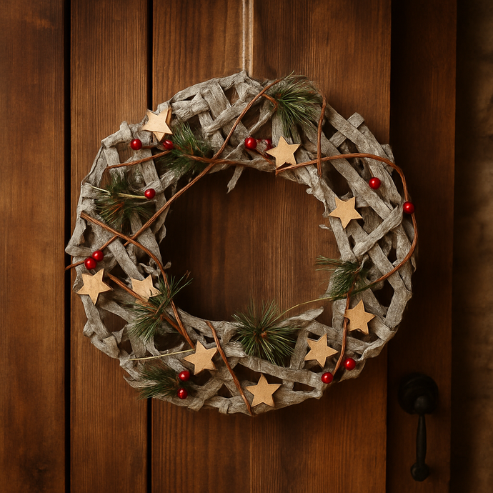 Rustic Christmas Wreath – Whitewashed Twig Star Wreath with Pine, Berries & Natural Finish for Door or Wall