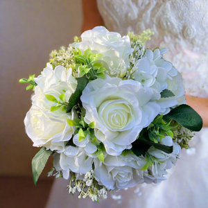 A wedding bouquet collection of artificial silk roses, hydrangea & gyp