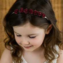 Flower Girl Headband, a metal alice band decorated with burgundy roses