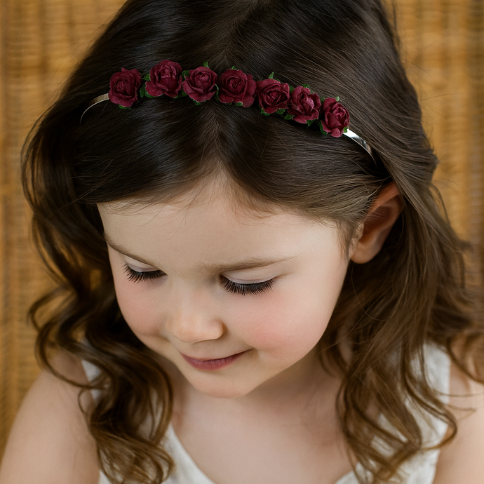 Flower Girl Headband, a metal alice band decorated with burgundy roses