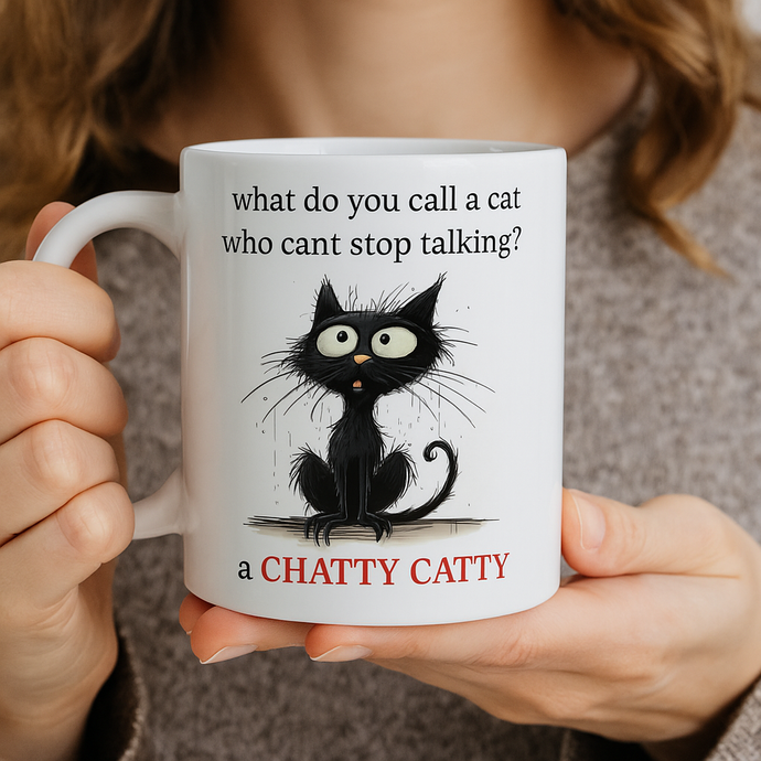 a ceramic gift mug from our black cat collection - 'chatty catty'