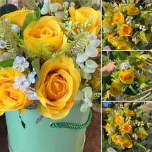 beautiful artificial handtied bouquet of silk Yellow roses in luxury large hat box