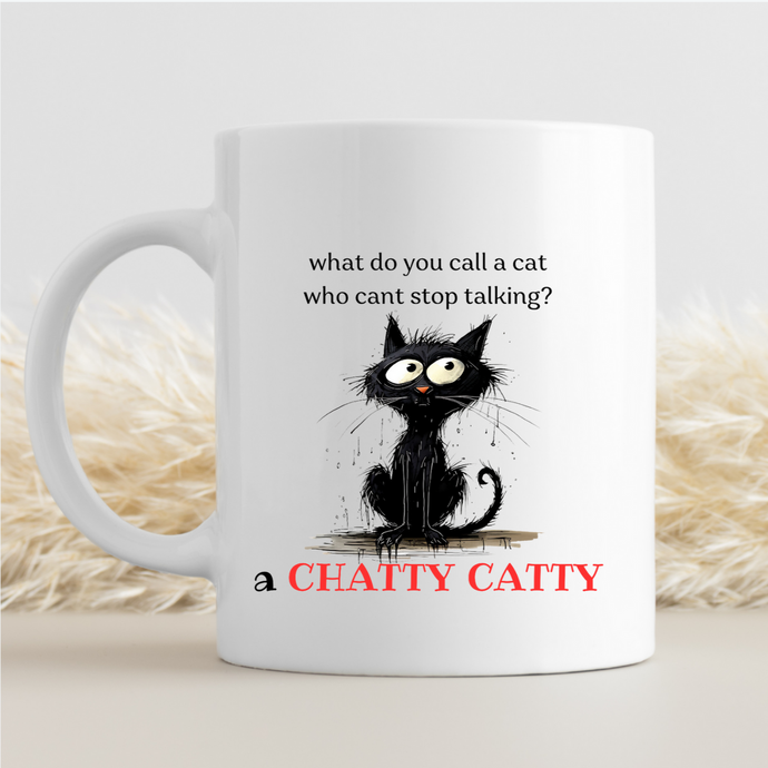 a ceramic gift mug from our black cat collection - 'chatty catty'