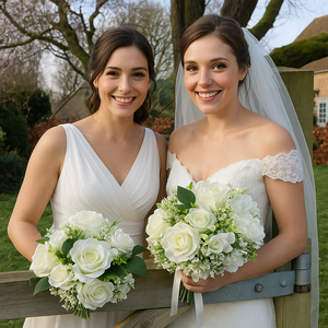bride and bridesmaid holding artificial silk wedding bouquet