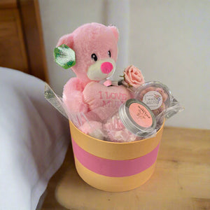 Wax melts and pink teddy presented in hat box, special mum gift