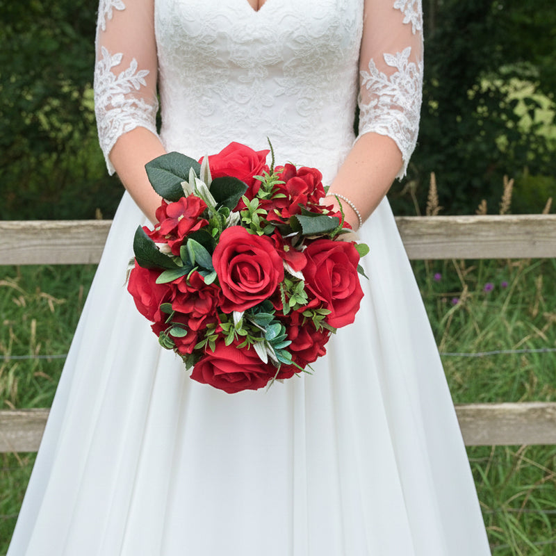 A wedding bouquet of artificial faux silk red roses and hydrangea flow –  AbigailRose