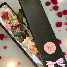 red silk Rose, teddy and gyp in black flower box - valentine gift