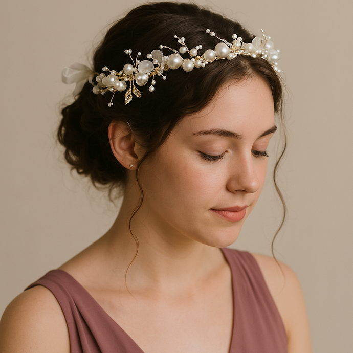 A baptism, bride bridesmaid hair band Of faux Pearls And Crystal Flowers