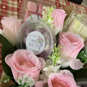 wax melts and pink roses arranged in kraft box, special occasion gift
