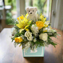 New baby boy yellow and blue flower arrangement in alphabet cube