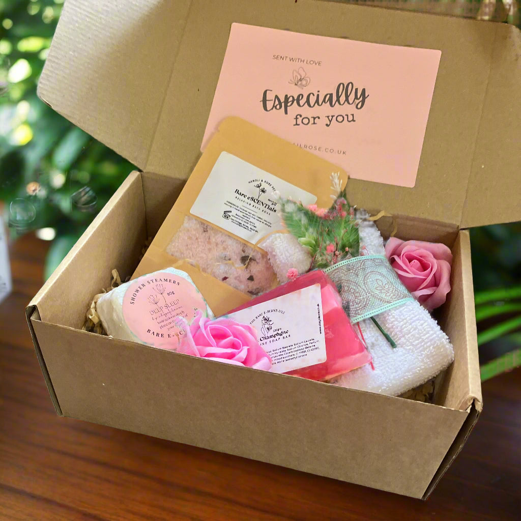 Pamper hamper, deep sleep shower steamers, soap roses, bath salts, Flannel & soap bar