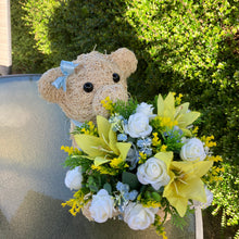 Child graveside memorial teddy with pink or yellow/blue/cream flowers
