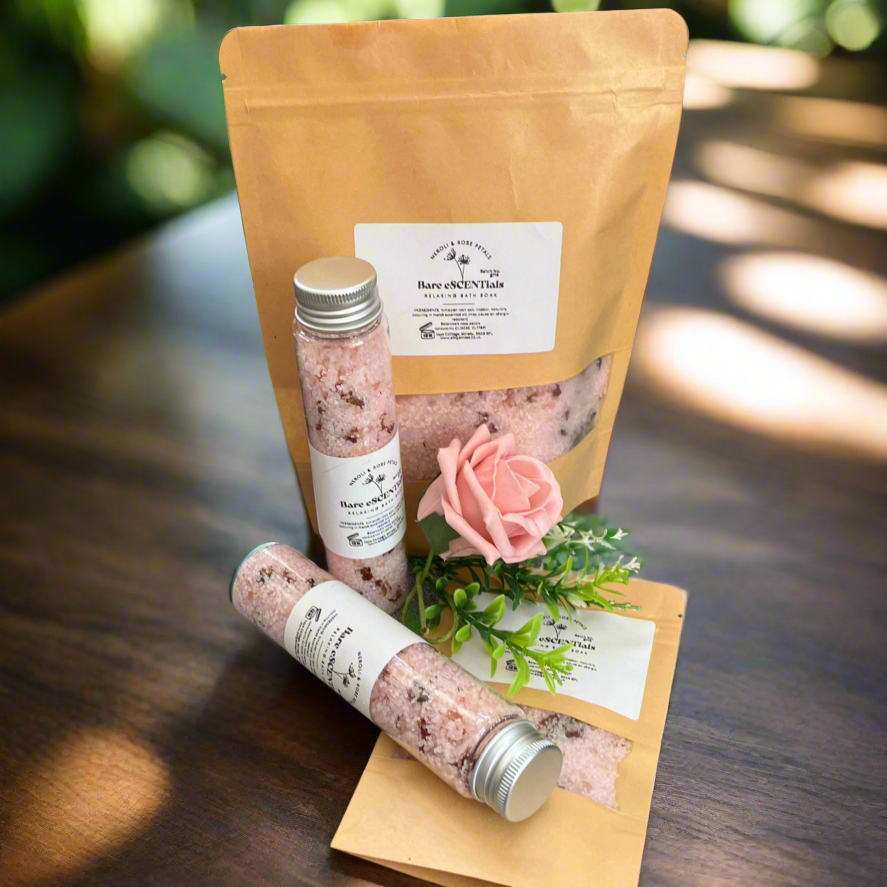 essential oil bath soak with neroli and rose petals