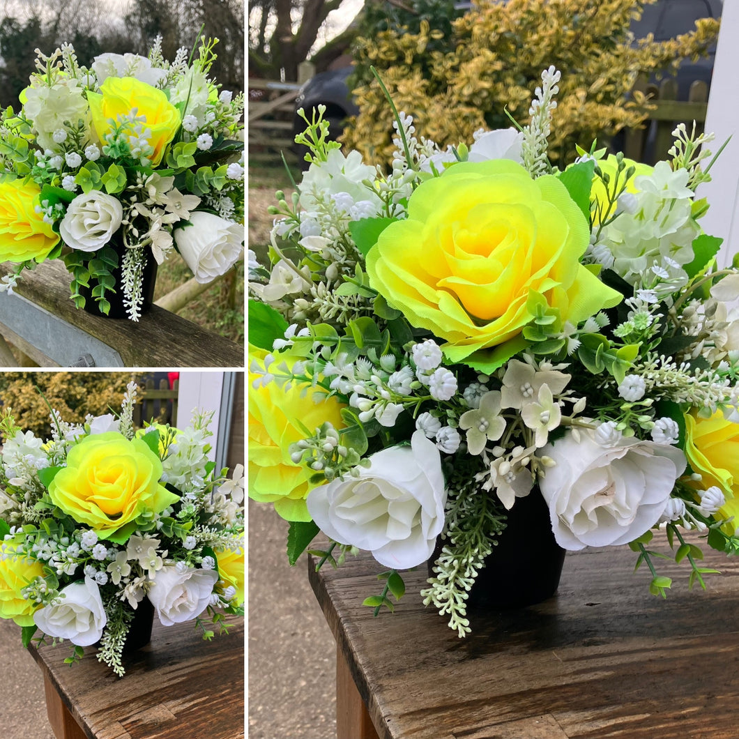 Artificial graveside flowers arrangement in black pot AbigailRose