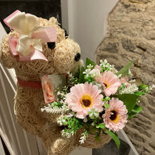 Child graveside memorial teddy with pink or blue flower arrangement