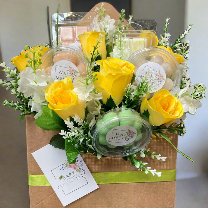 wax melts and yellow roses arranged in kraft box, special occasion gift