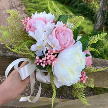 A bridal bouquet collection of artificial silk pink roses, peony & berries
