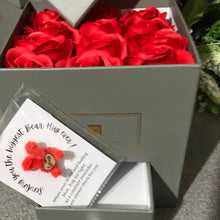 12 red Rose Soap flowers in grey hat box with tiny teddy gift