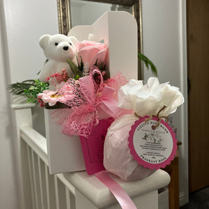 pamper hamper gift, Jumbo bath bomb, teddy and soap flower arrangement