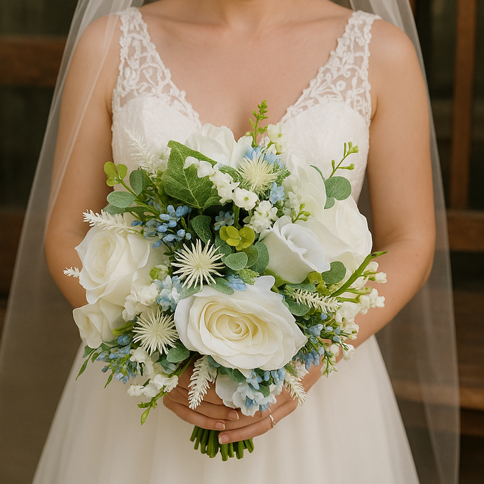 wedding bouquet of  blue and ivory artificial flowers