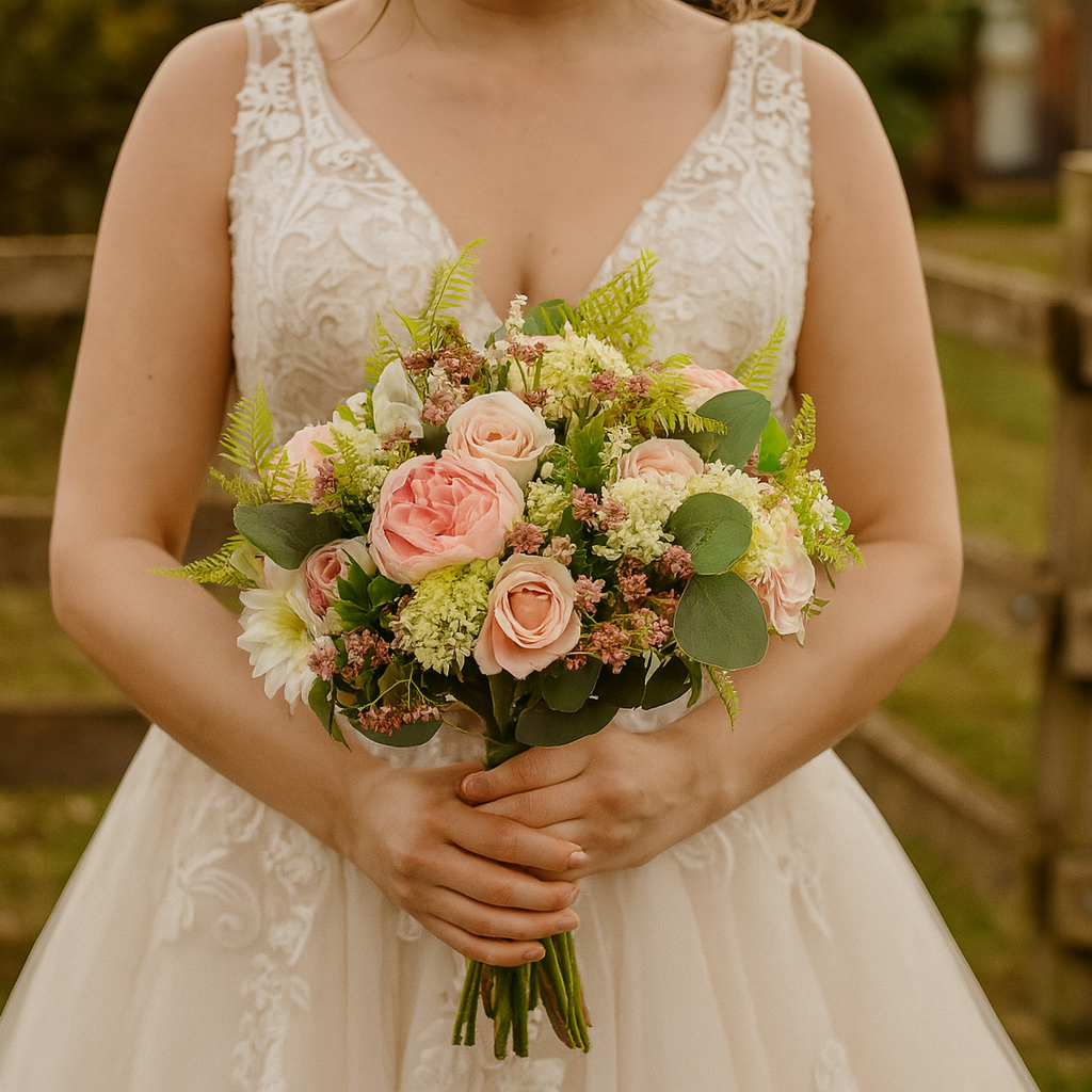A brides bouquet of pink and ivory faux silk artificial flowers