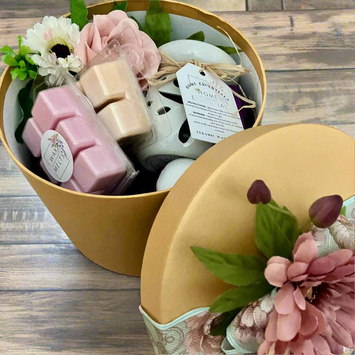 hat box with wax melts and wax warmer silk flowers gift box