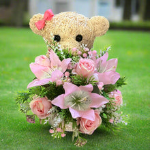 Child graveside memorial teddy with pink or yellow/blue/cream flowers