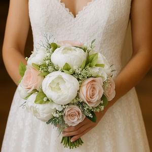 a wedding bouquet collection of artificial blush roses and peonies