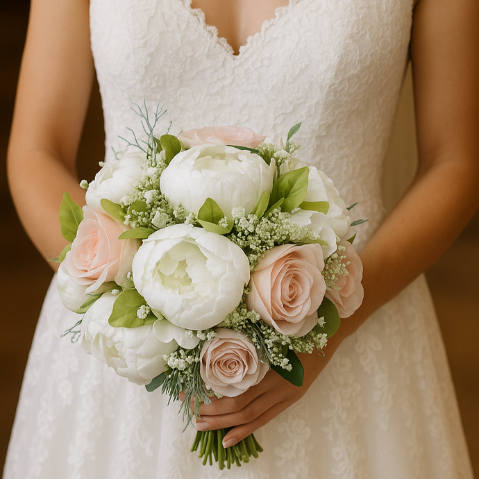 a wedding bouquet collection of artificial blush roses and peonies