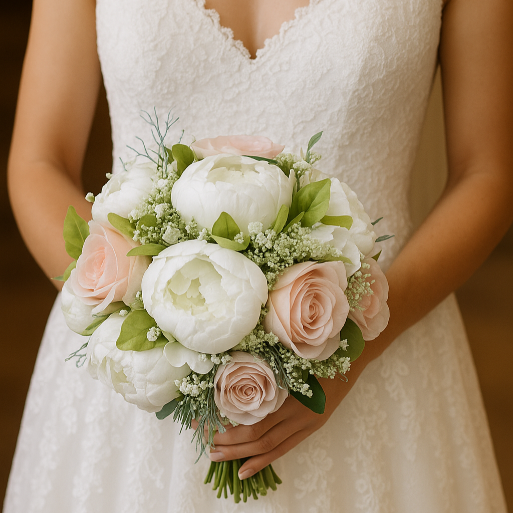 a wedding bouquet collection of artificial blush roses and peonies